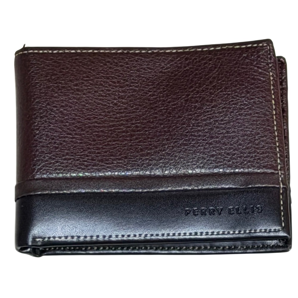 Perry Ellis Wallet Mens Brown Black Genuine Leather Bifold Card Slots Minimalist